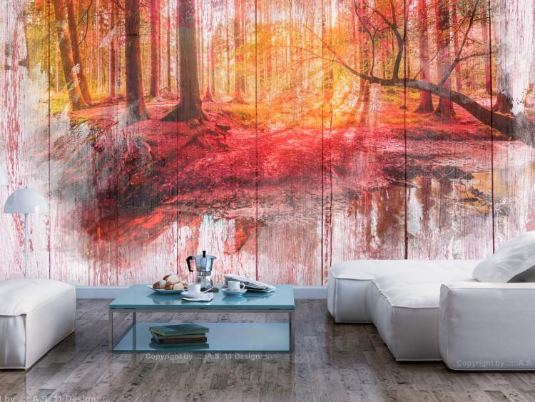 Fototapeta Jesienny las - abstrakcja z lasem i drzewami na drewnianym białym tle