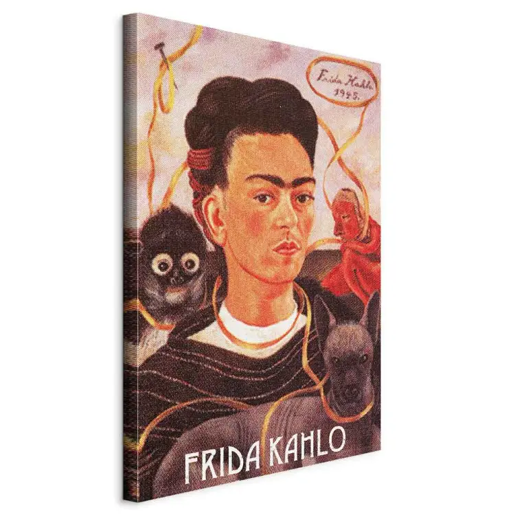 Portret Fridy Kahlo - twarz artystki w otoczeniu różnych zwierząt