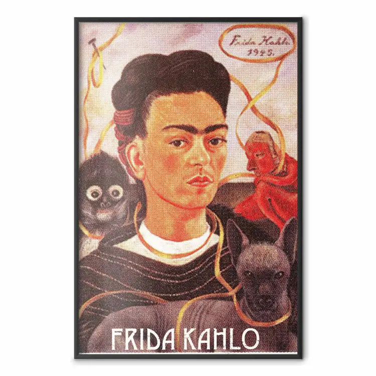 Frida Kahlo - kompozycja z kolorowym portretem kobiety i zwierzętami