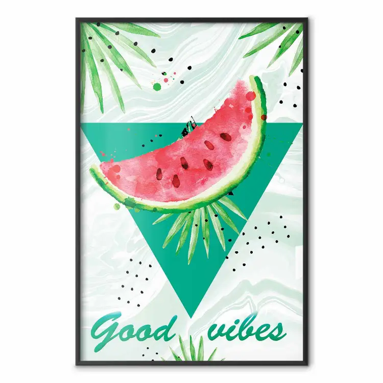 Good vibes - kompozycja z zielonym napisem i tropikalnymi roślinami