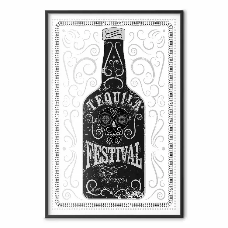 Tequila festival - czarno-biała ozdobna kompozycja z butelką alkoholu