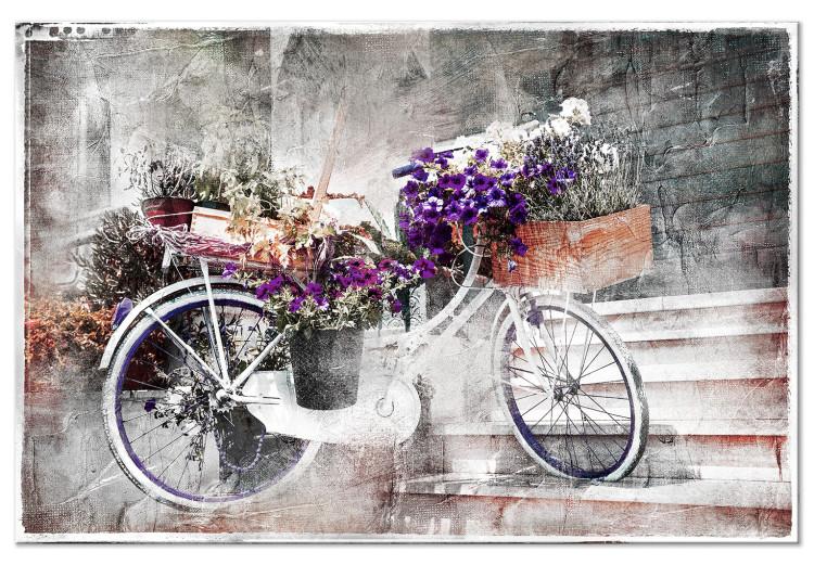 Obraz na płótnie Ulica kwiatowa (1-częściowy) - rower w stylu shabby chic pod schodami