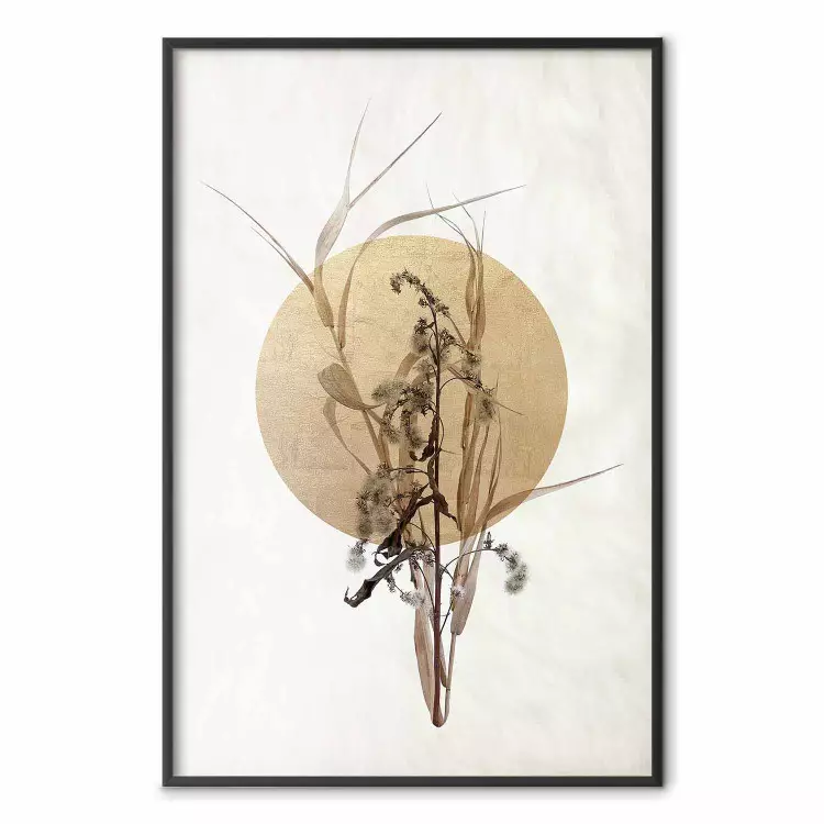 Polny bukiet - beżowa kompozycja w japońskim stylu z kołem i rośliną