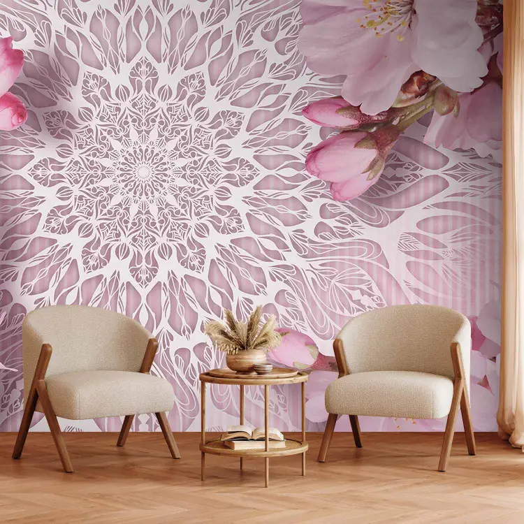 Pastelowa mandala - różowe kwiaty na tle w jasnych odcieniach
