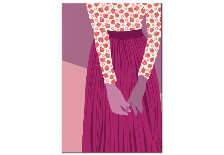 Obraz na płótnie Purpurowa Postać - sylwetka kobiety ubranej w purpurową spódnicę i bluzkę w truskawki, kompozycja w odcieniach purpury i różu