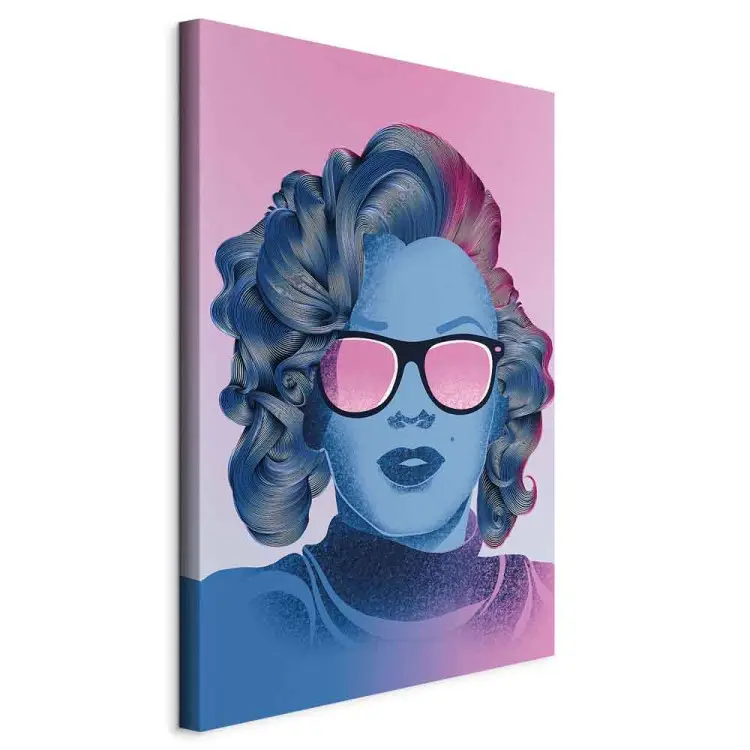 Błękitny portret Marilyn Monroe - twarz Normy Jeane na różowym tle