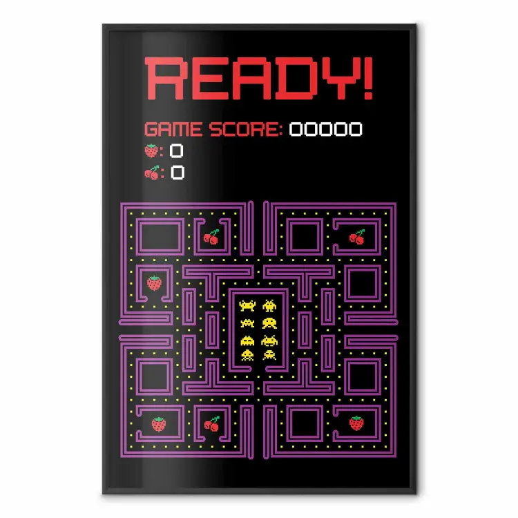 Ready! - napisy po angielsku oraz ikony owoców na mapie z gry Pacman