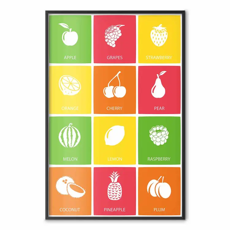 Kolorowe owoce - tablica z kolorowymi kwadratami i grafika owoców