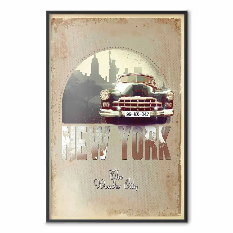New York - The Wonder City - napis Nowy York i samochód w retro stylu