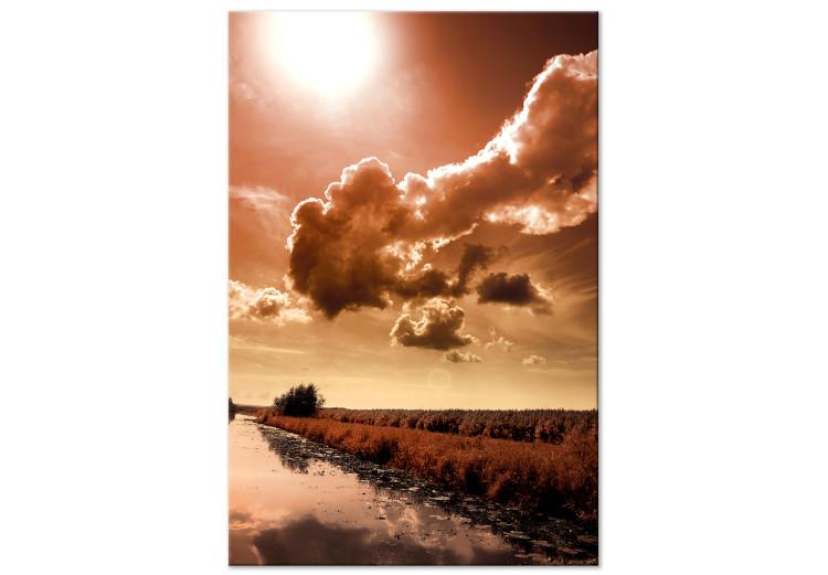 Obraz na płótnie Rzeka w sepii - krajobraz nadrzeczny ze słońcem i chmurami w tle