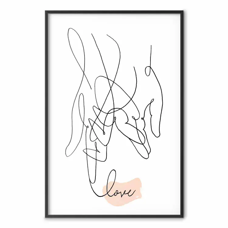Splątane uczucie - line art trzymających się dłoni i angielski napis