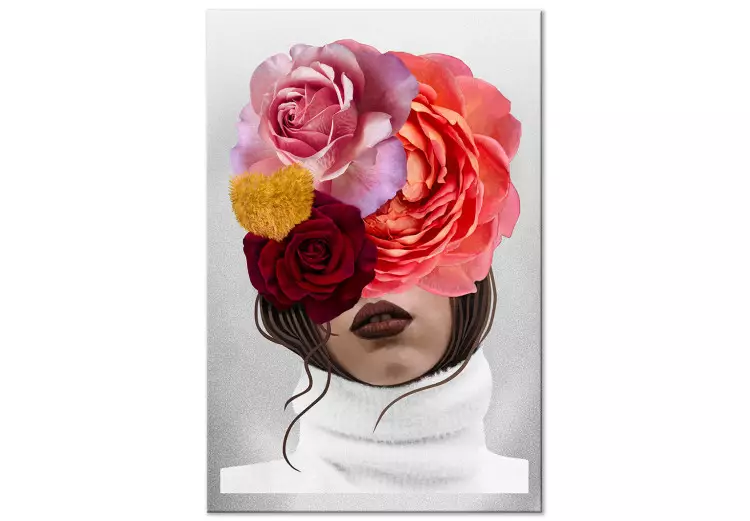 Piwonie i róże zasłaniające kobiecą twarz - abstrakcyjny portret