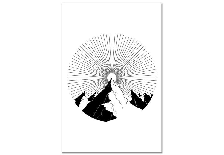 Obraz na płótnie Góra w Lini Horyzontu - czarno-biały, abstrakcyjny krajobraz górski umieszczony w okręgu na białym tle