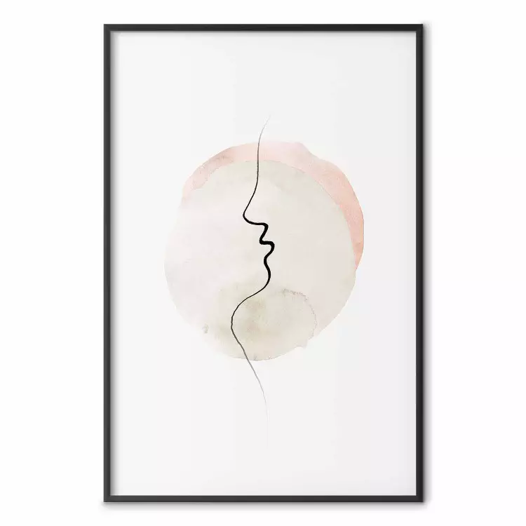 Krawędź pocałunku - czarny line art twarzy na jasnym abstrakcyjnym tle