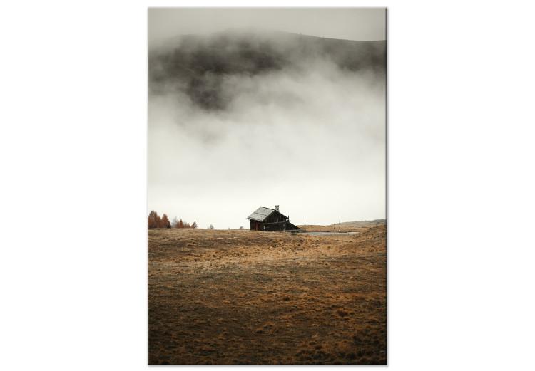 Obraz na płótnie Górska przystań - krajobraz w stylu boho z małym domem u podnóża gór