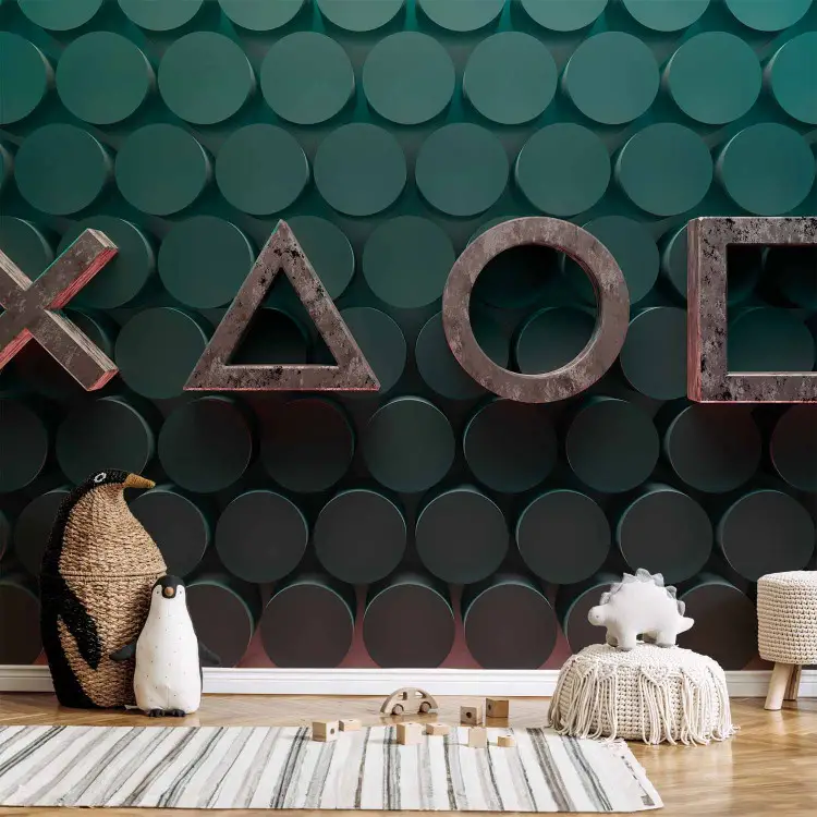Symbole w zieleni - kamienne znaki konsoli PlayStation na tle w zielone koła