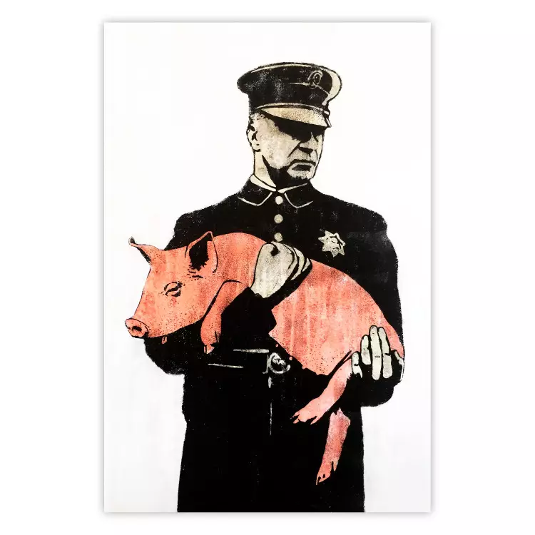 Policyjna świnia - policjant trzymający na rękach śpiącą różową świnkę