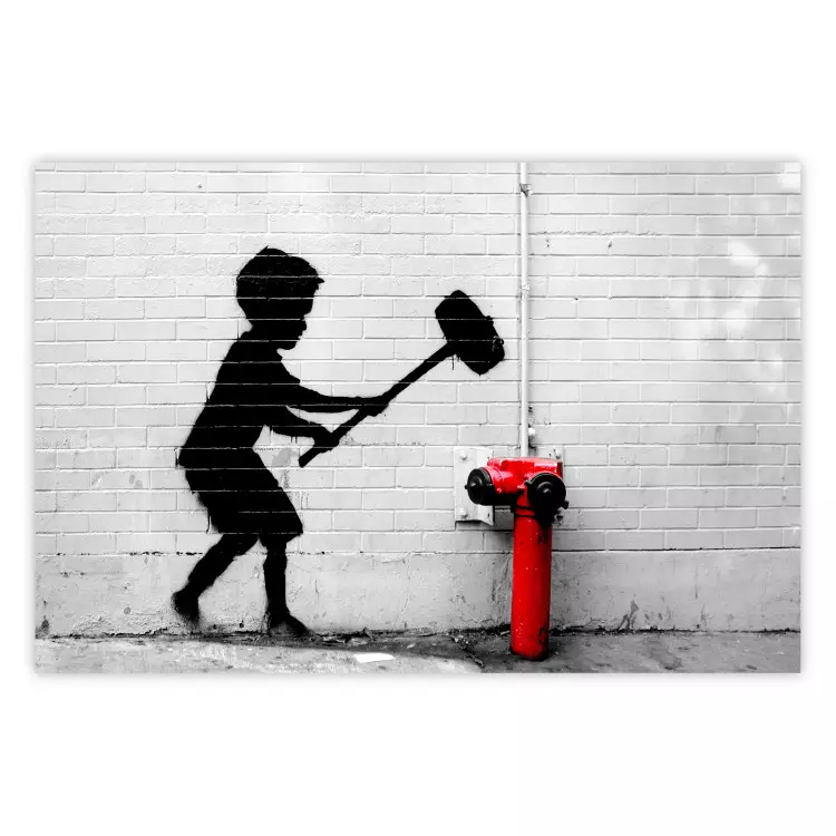 Zniszczyć hydrant - mural czarnego chłopca z dużym młotem na ścianie