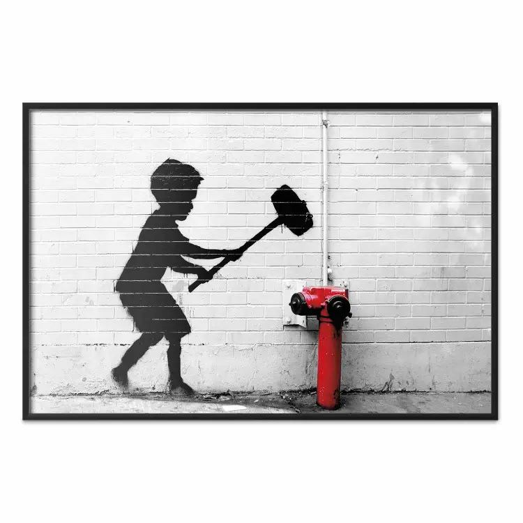 Zniszczyć hydrant - mural czarnego chłopca z dużym młotem na ścianie