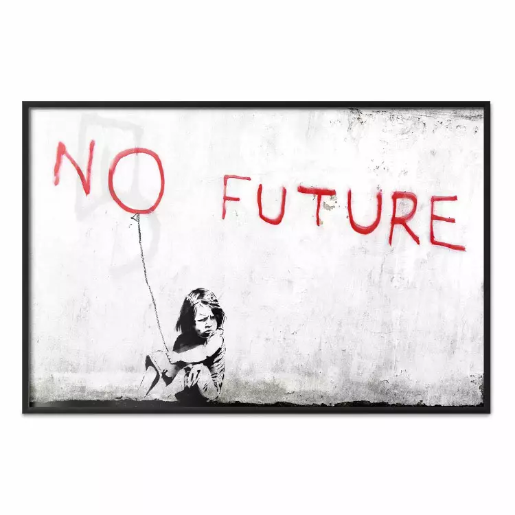 Bez przyszłości - czarno-biały mural dziewczynki i czerwone napisy