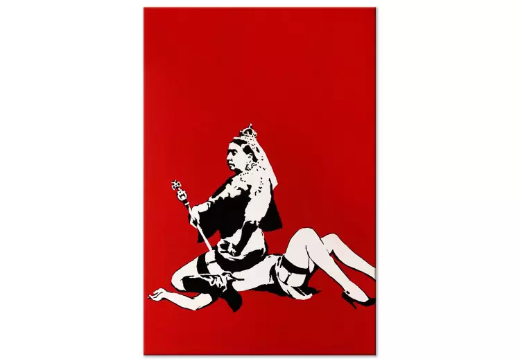 Królowa Banksy'ego - grafika w stylu street art na czerwonym tle