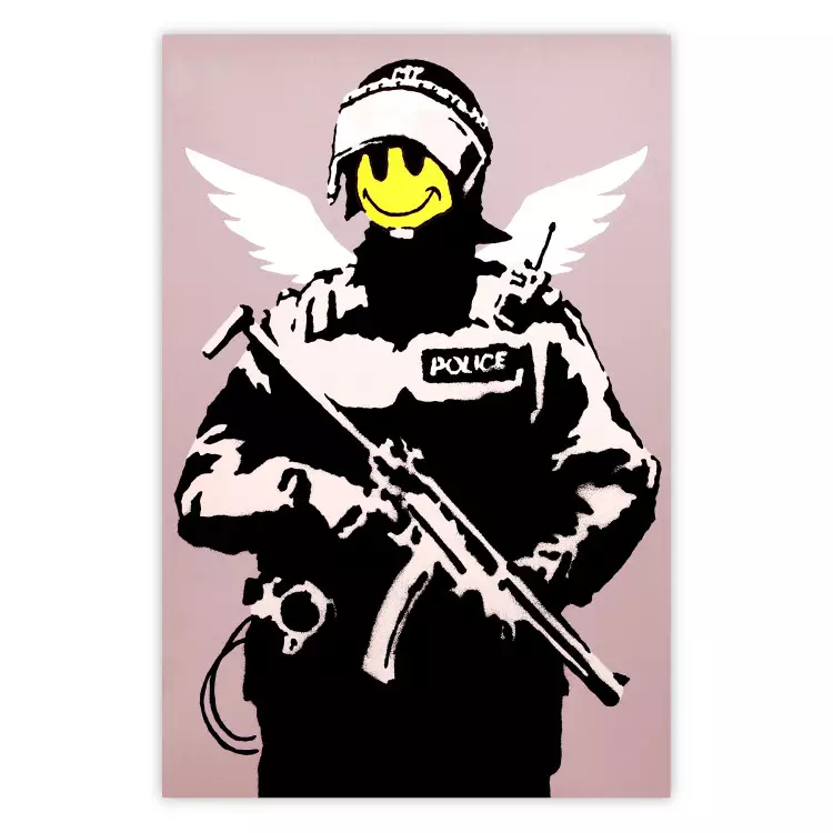 Policjant - człowiek z żółtą twarzą i skrzydłami w motywie Banksy