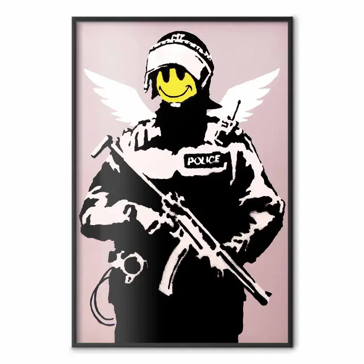 Policjant - człowiek z żółtą twarzą i skrzydłami w motywie Banksy