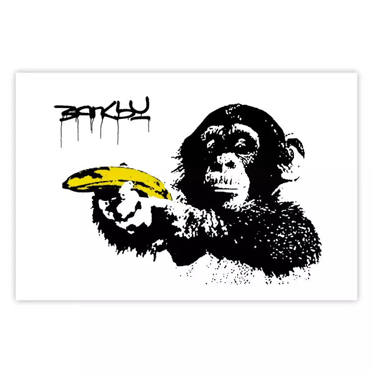 Banksy: Małpa z bananem - czarne zwierzę z żółtym owocem na białym tle