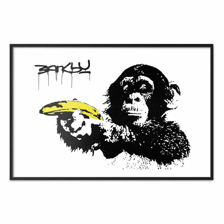 Banksy: Małpa z bananem - czarne zwierzę z żółtym owocem na białym tle