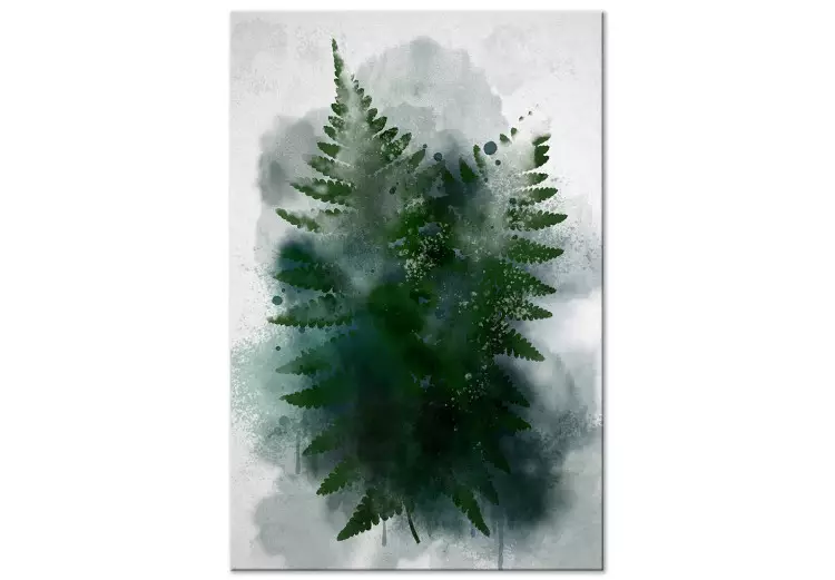 Paproć we mgle - liście rośliny w zimnym obłoku mgły, zieleń i szarość