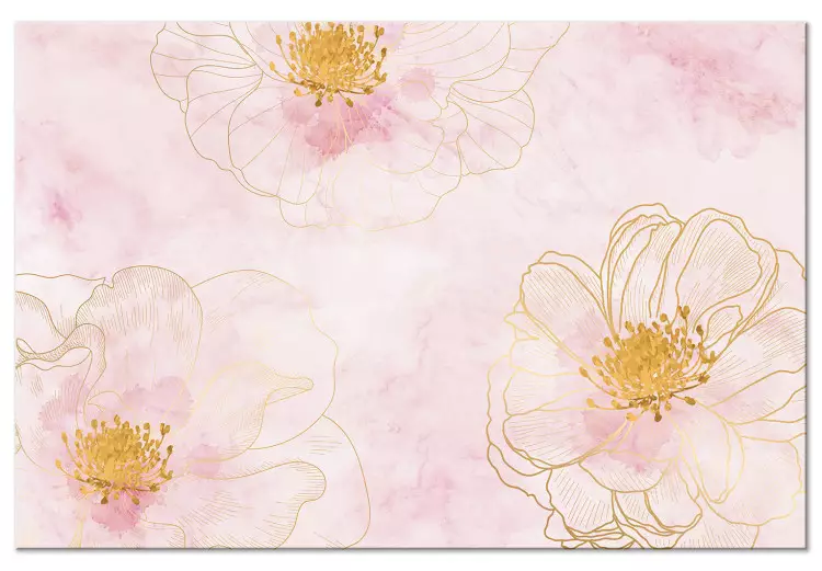 Kwitnienie - abstrakcja z trzech kwiatów na przecieranym, różowym tle