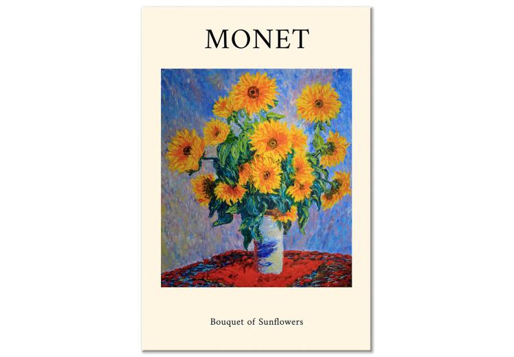Obraz na płótnie Słoneczniki w wazonie - słynne dzieło Moneta z napisem po angielsku