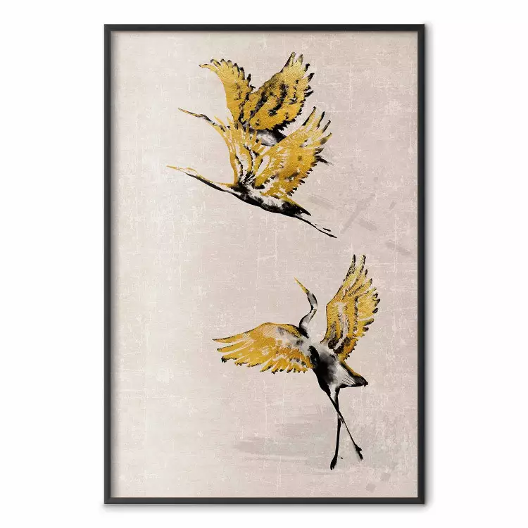 Złote gęsi - wzór w odlatujące ptaki i beżowe tło w stylu scandi boho