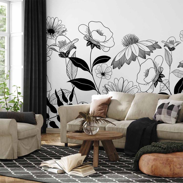 Fototapeta Rysowane kwiaty - motyw roślinny z czarnymi kwiatami na białym tle