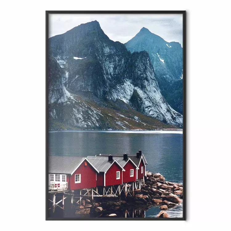 Ukojenie błękitu - krajobraz czerwonego domku i jeziora na tle gór