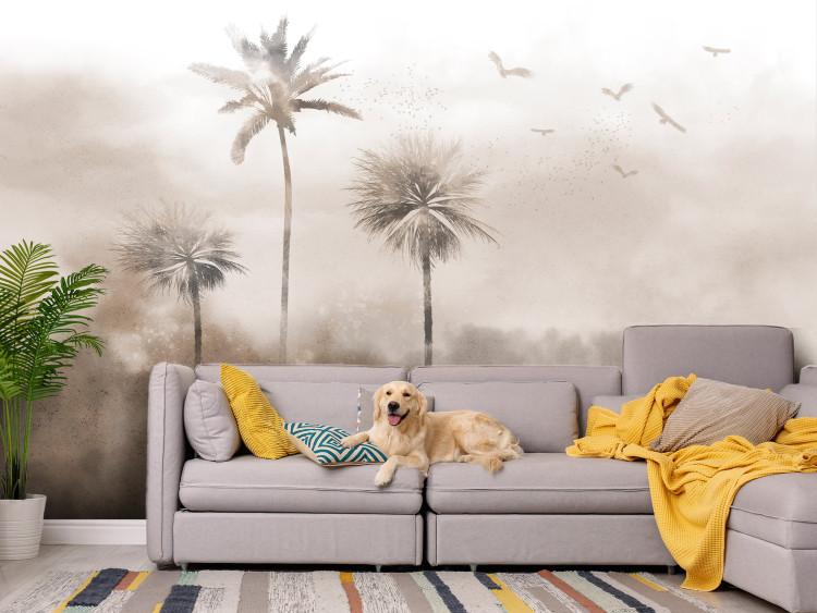 Fototapeta Tropikalny wiatr – krajobraz z palmami w odcieniach szarości i brązu