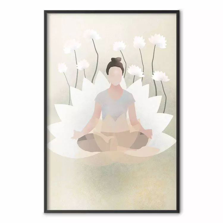 Miłosna joga - medytująca kobieta na tle białych kwiatów w stylu zen