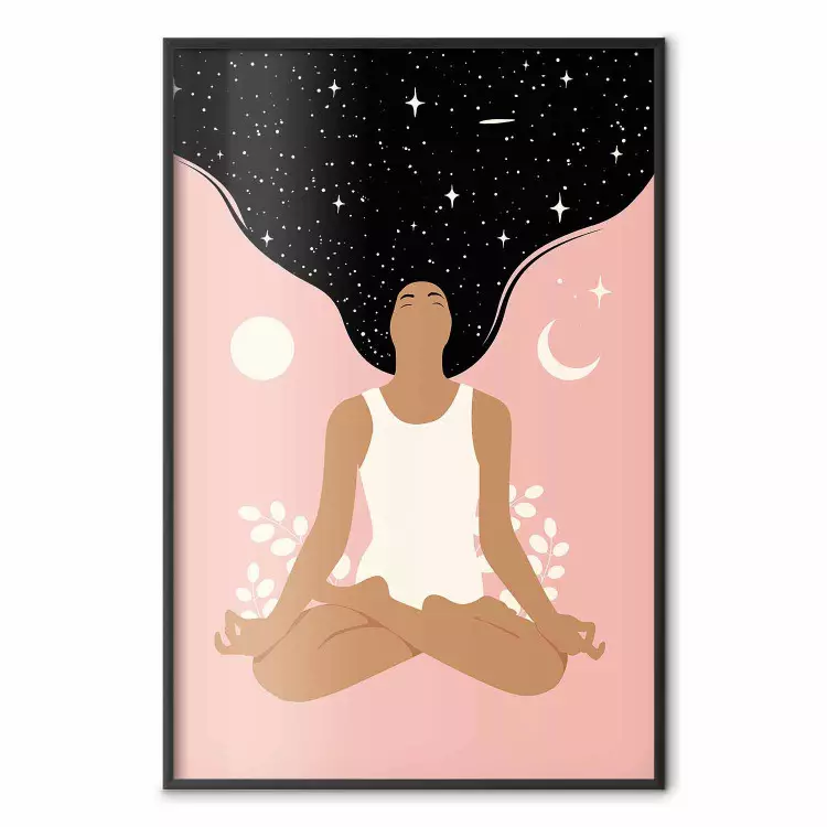 Poranna joga - medytująca kobieta odpływająca myślami w ciemny kosmos