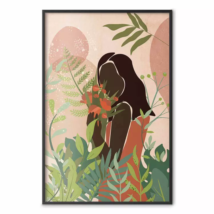 Kobieta w zieleni - czarna kobieta pośród roślin na abstrakcyjnym tle