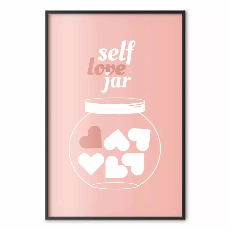 Self Love Jar - słoik z sercami i napisy po angielsku na różowym tle