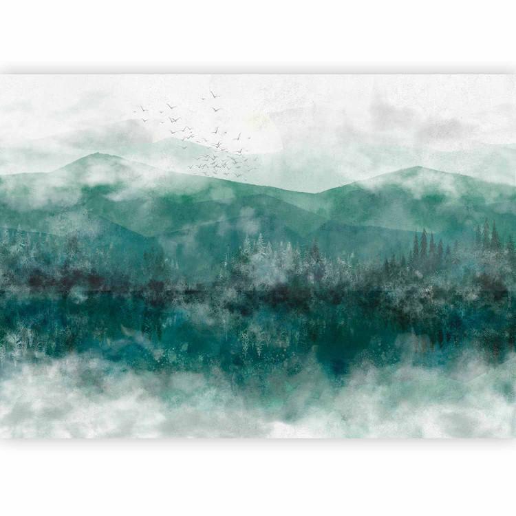Zielone wzgórza z jeziorem - pejzaż gór z lasem we mgle z deseniem