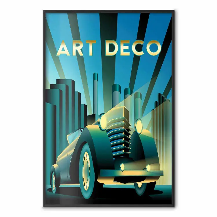 Samochód retro - geometryczny motyw art deco na tle miasta
