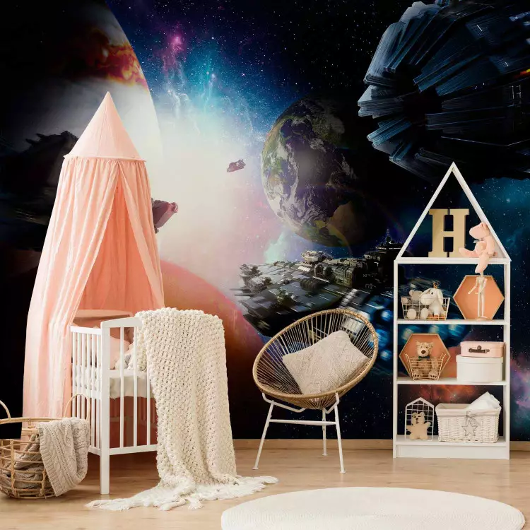 Pejzaż dla dzieci - motyw kosmosu z planetami i statkami kosmicznymi