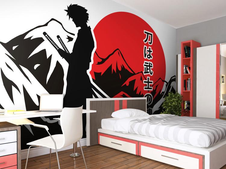 Fototapeta Samotny samuraj - górski pejzaż, japoński napis i postać anime