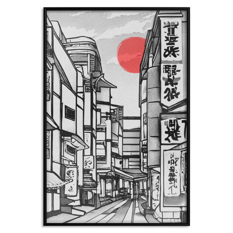 Plakat Ulica w Japonii - czarno-biała architektura miasta w azjatyckim stylu