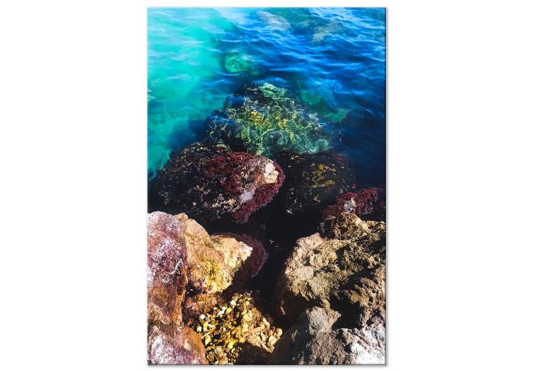 Obraz na płótnie Skalisty brzeg morza - zdjęcie błękitnej wody i barwnych kamieni