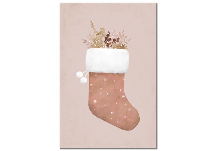 Obraz na płótnie Pastelowe Boże Narodzenie - świąteczna skarpeta z gałązkami roślin