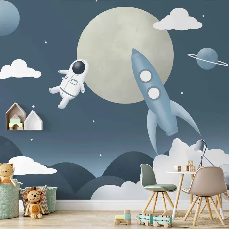 Astronauta w kosmosie  - rakieta i planety na niebieskim niebie