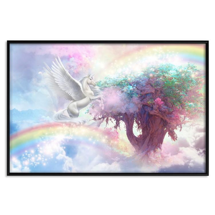 Plakat Jednorożec i magiczne drzewo - fantazyjna i tęczowa kraina w chmurach