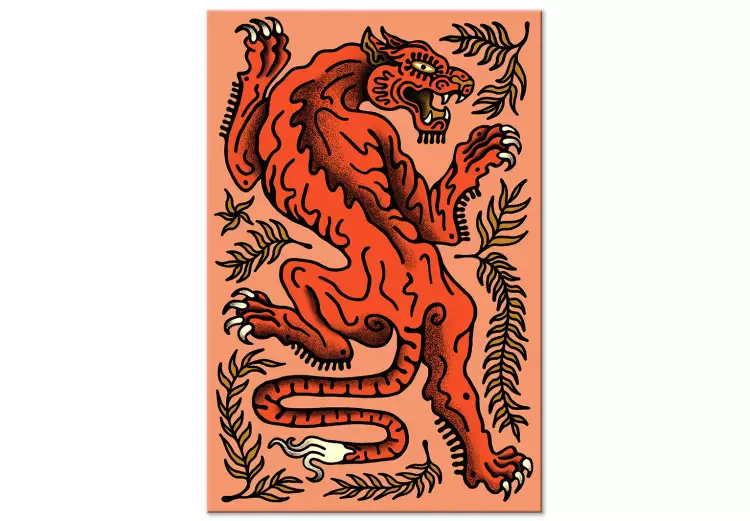 Czerwony tygrys (1-częściowy) - dziki kot w liściach na łososiowym tle